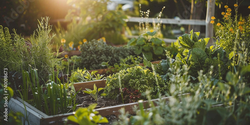 organic vegetables and herbs growing in the garden photo