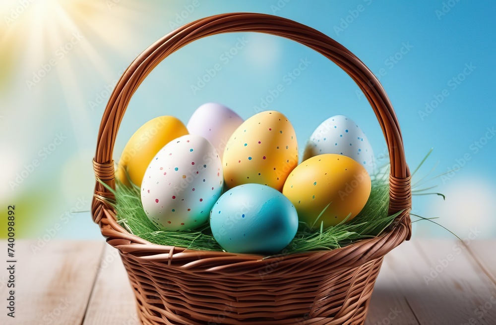 easter eggs in a basket on light sunny background