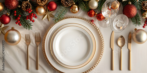 Festive Table Setting , Crystal Glasses, Silverware, and Decorative Ornaments - Top View of an Empty Plate