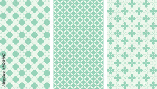 Set of geometric vertical patterns. Green flowers and diamonds background. Abstract floral simple shapes pattern for wrapping, greeting cards, posters, banners and social media
