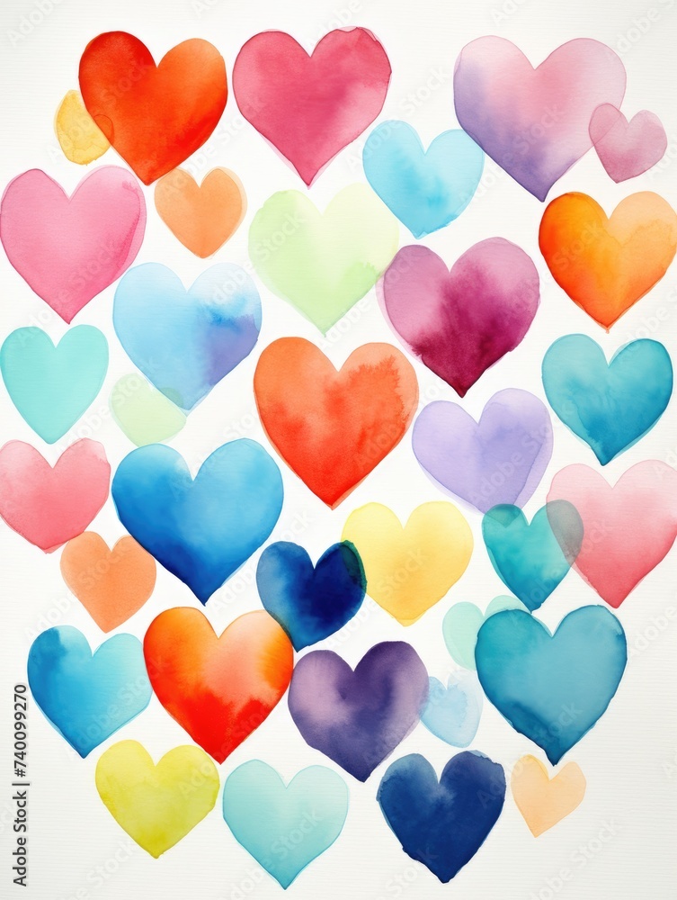 A variety of hearts, each painted in a different vibrant color, are featured in this printable wall art bundle. The hearts create a cheerful and colorful display suitable for any room.
