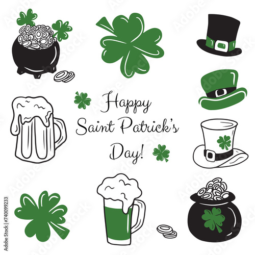 Set of hand drawn elements for Saint Patrick's day on 17th March. Mug of beer, cauldron with golden coins, shamrock leaf clover leprechaun black and green hat with belt. Hand drawn vector doodle.