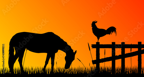 Countryside Horse Silhouette with Fence Outdoors Illustration. Nature and domestic animals concept illustration