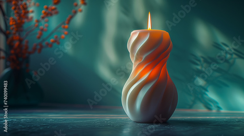 Twisted candle burning against a blue wall, plant decoration in the background,  colorful modern contemporary wellness spa concept photo