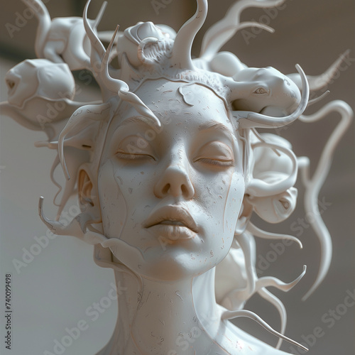 Rzeźba, głowa kobiety z kwiatami