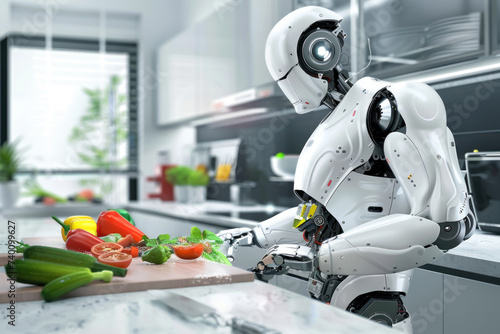Robot Chef Chopping Vegetables in High-Tech Kitchen