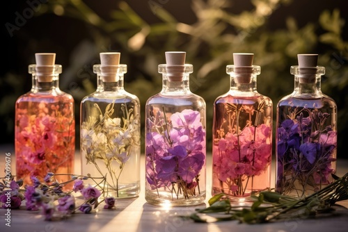 Aromatherapy oils bottles and vials surrounded by flowers emanating relaxation