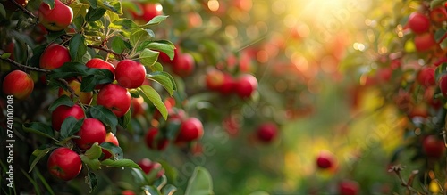 The image captures a tree heavy with red apples, showcasing the beauty of natures bounty. The vibrant apples contrast against the lush green leaves, creating a striking sight.