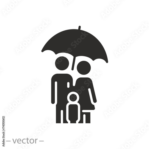 safety parents with child icon, family insurance, people under an umbrella, flat symbol - vector illustration