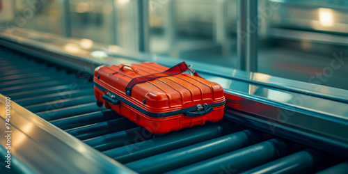 Suitcase on the luggage conveyor belt in the baggage claim at the airport photo