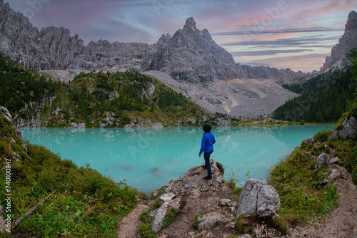 Turquoise Sorapis Lake in Cortina d'Ampezzo, with Dolomite Mountains and Forest - Sorapis Circuit, Dolomites, Italy, Europe