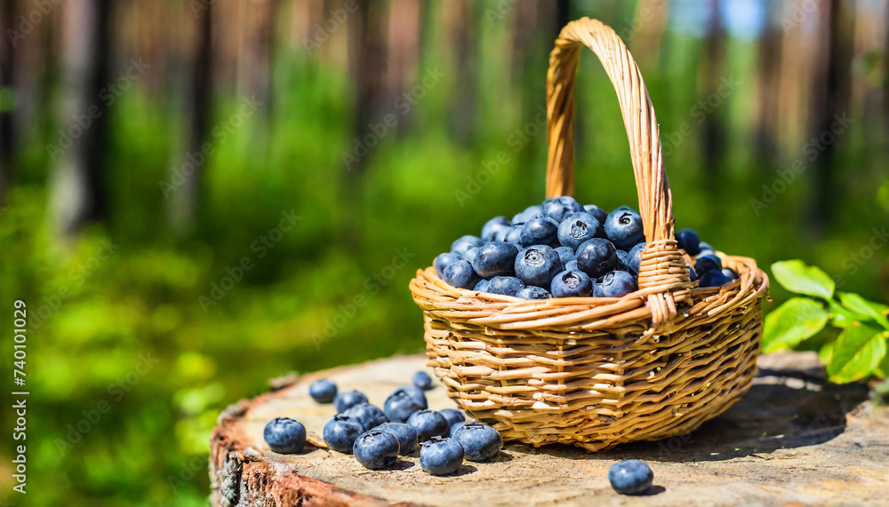 Basket of blueberries in sunny forest background with copy space Basket of blueberries in sunny forest background with copy space