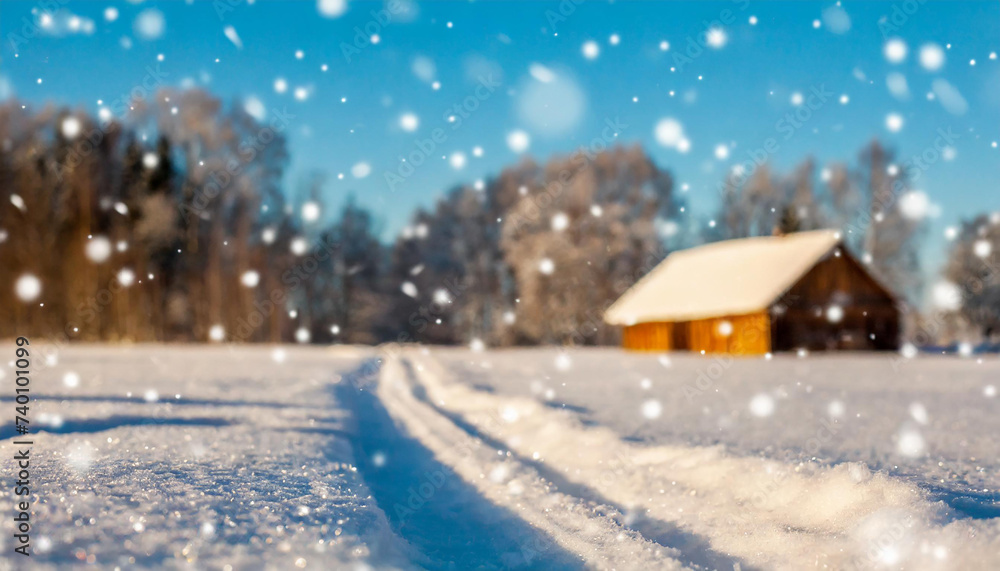 Blurred background of snowy farm, snowfall, wooden house in the distance