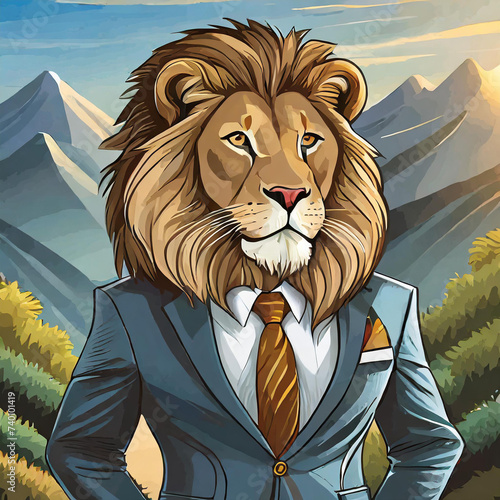 Elegant lion with human body  wearing business suit  standing with hands in pockets