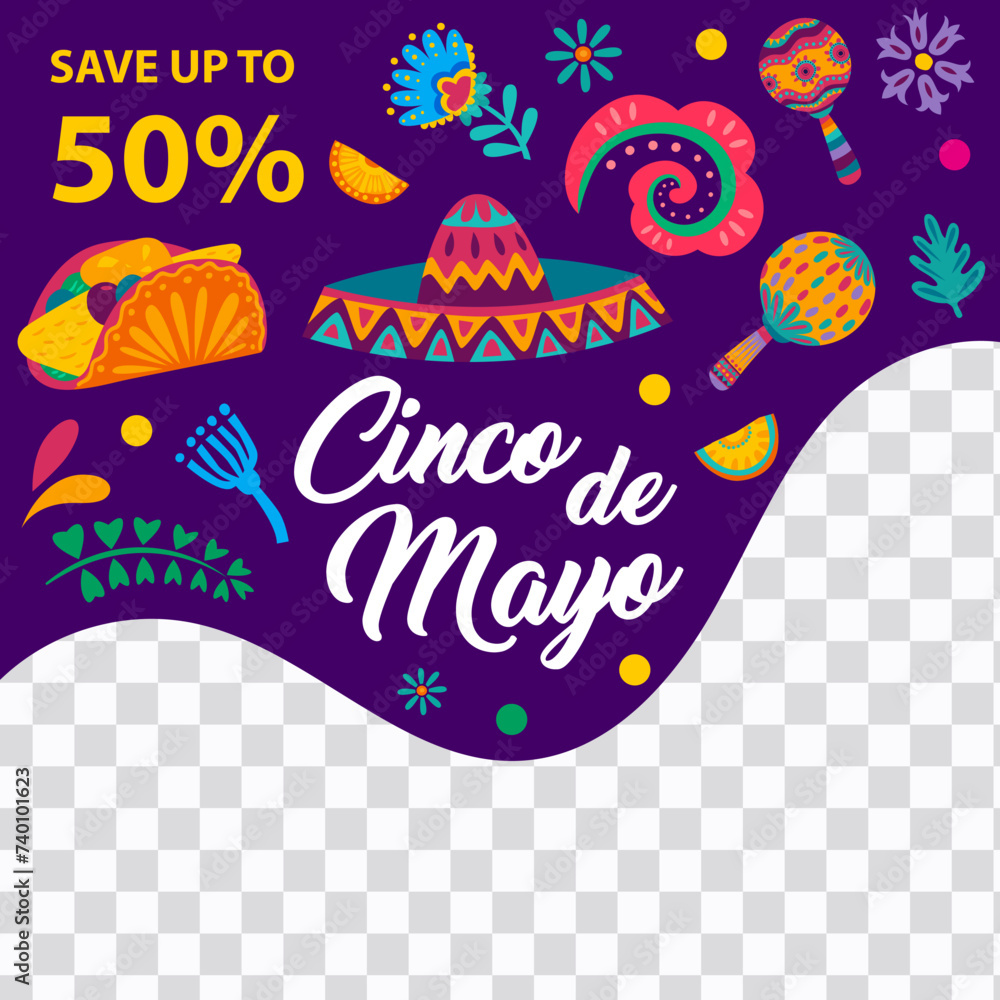 Cinco de Mayo mexican holiday sale offer banner template with sombrero, tropical flowers and plants. Vector Mexico fiesta hat, maracas and taco tex mex food web post layout with wavy border line