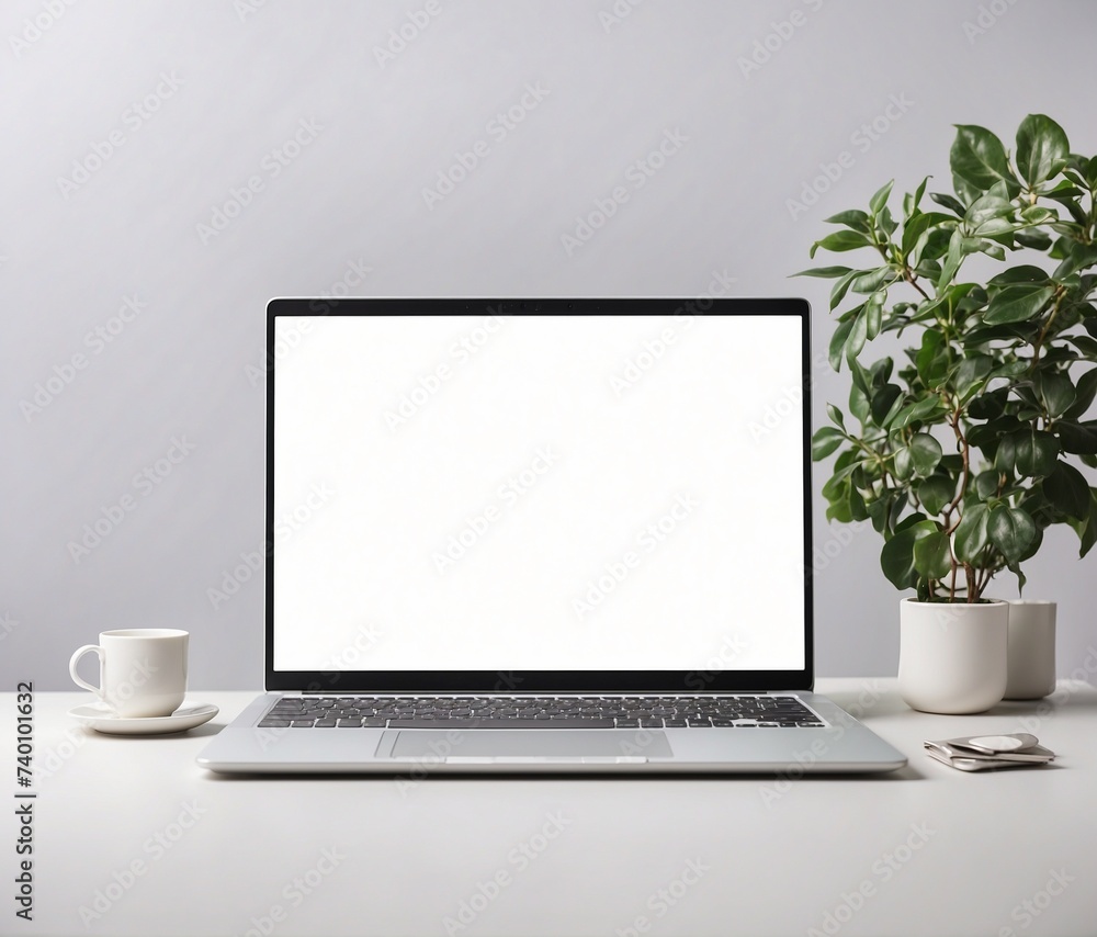 Laptop computer with blank screen on white desktop with coffee cup and plant.