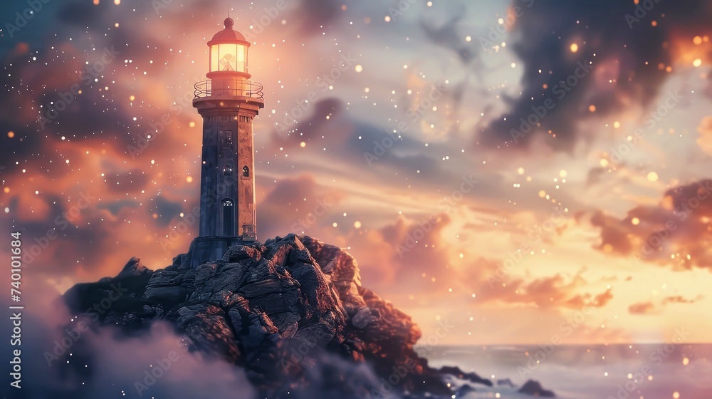 Isolated Lighthouse Under Comet-Streaked Sky, Surreal Digital Artwork