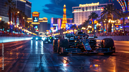 Red racing car speeds on a city street, surrounded by tall buildings and palm trees. © Katazhina