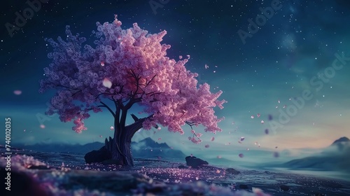 Single Cherry Blossom Tree in Bloom Under Starry Sky, Fantasy Scenery