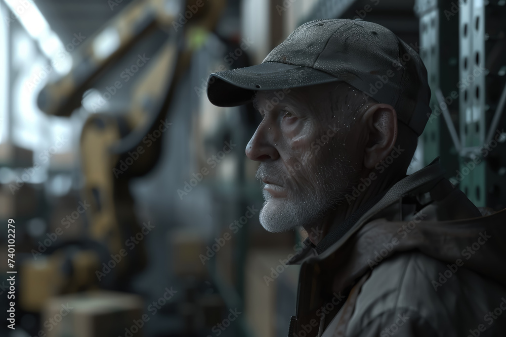 Aging Worker Resents Robot Arm Lifting Boxes in Gloomy Warehouse Aging Worker Resents Robot Arm Lifting Boxes in Gloomy Warehouse