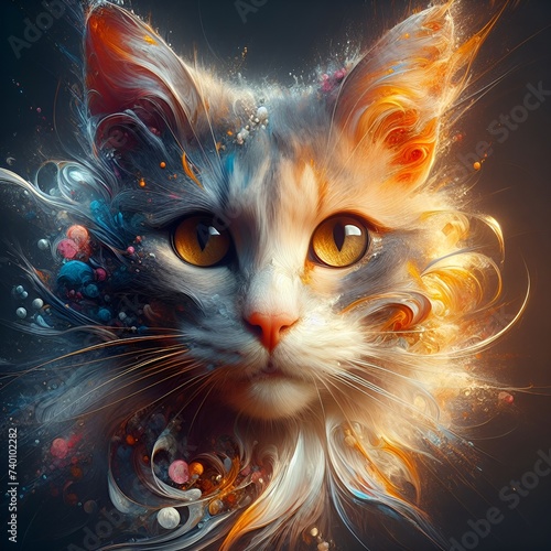 Fantasy portrait of beautiful female colorful cat, like cat from fairytale . Cat is illuminated with some kind of eternal ight in front of dark background 