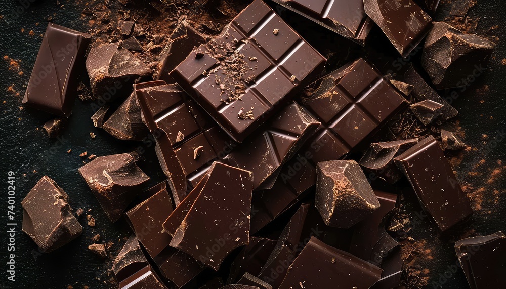 Artisanal Chocolate Heaven: Stacked Dark Chocolate Bars with Cocoa Powder Dusting and Chocolate Shavings Artisanal Chocolate Heaven: Stacked Dark Chocolate Bars with Cocoa Powder Dusting and Chocolate Shavings