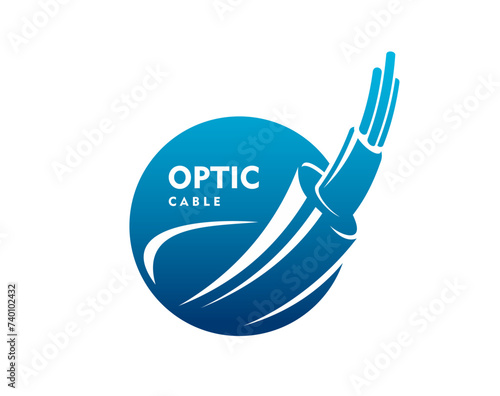 Fiber optic cable icon, technology. Isolated vector emblem with dynamic fibre wire broadband strand. Internet connection, telecommunication, high-speed data transmission and networking label with cord