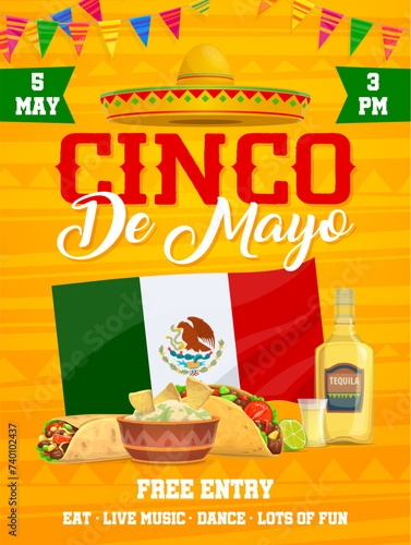 Cinco de mayo Mexican holiday party flyer with national flag, garland, sombrero and tex mex food. Taco, guacamole and nachos, burrito, tequila and lime. Traditional festival celebration, invite card