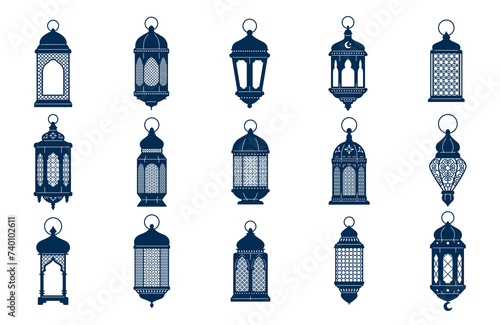Arab islamic lantern or lamp silhouettes, ramadan or eid mubarak holiday illumination items. Isolated vector ornate symbols of light, joy and celebration. Decorative homes and street festive lamps set