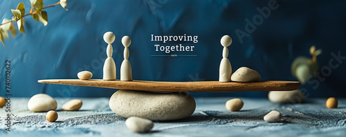 Improving Together concept with 3D human figures supporting a seesaw balancing the text, portraying teamwork, collaboration, and collective progress photo