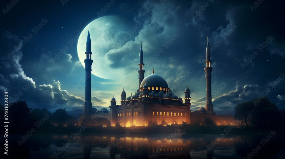 Night mosque, half moon or crescent. Ramadan majestic landscape, islamic holiday. - obrazy, fototapety, plakaty 