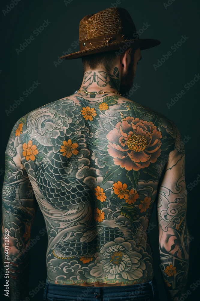 back of gangster full of tattoos