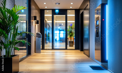 Modern office entrance with a biometric security access control system on the wall, ensuring restricted and safe entry photo