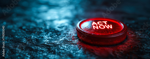 A 3D rendered red button with the words ACT NOW symbolizes urgency, immediate action, response, and the importance of taking swift decisive steps