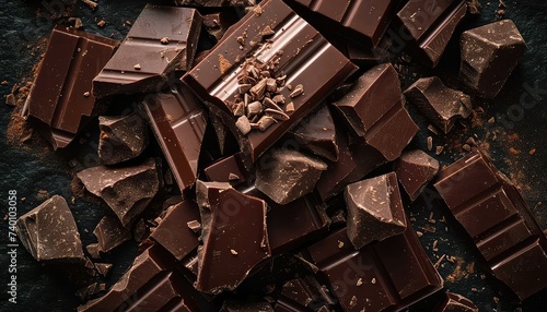 Artisanal Chocolate Heaven: Stacked Dark Chocolate Bars with Cocoa Powder Dusting and Chocolate Shavings photo