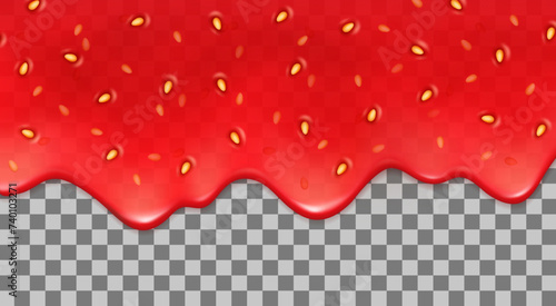 Realistic strawberry drips or fruit melt jam and berry syrup splash on vector transparent background. Strawberry melt or red jelly sweet sauce flow with texture for candy and sweet berry dessert