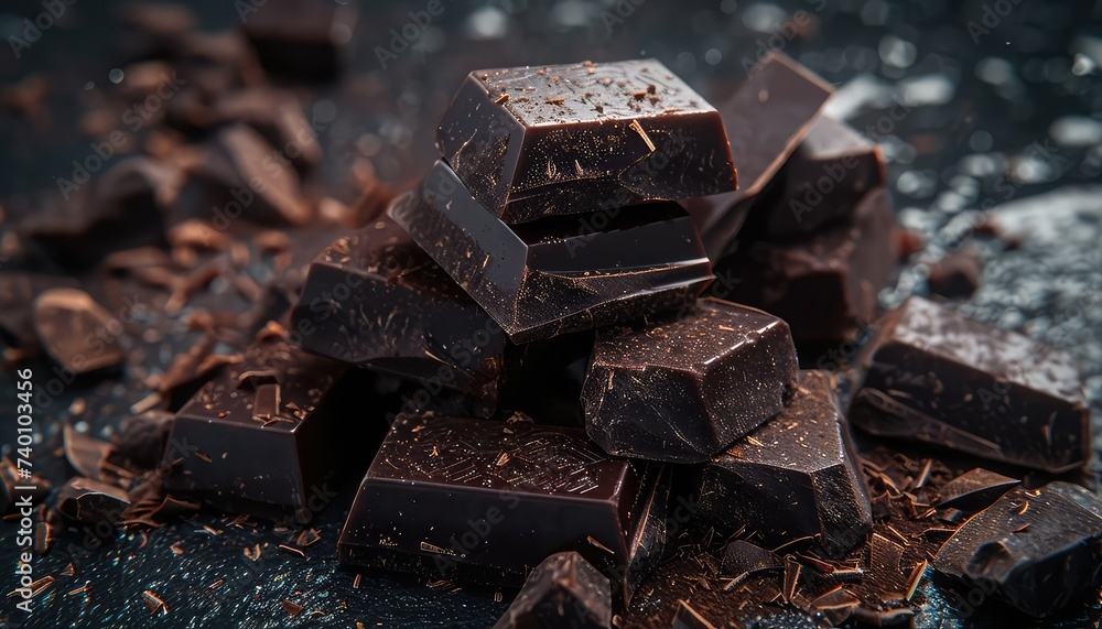 Decadent Dark Chocolate Delight: Broken Pieces and Shavings on a Textured Surface Decadent Dark Chocolate Delight: Broken Pieces and Shavings on a Textured Surface