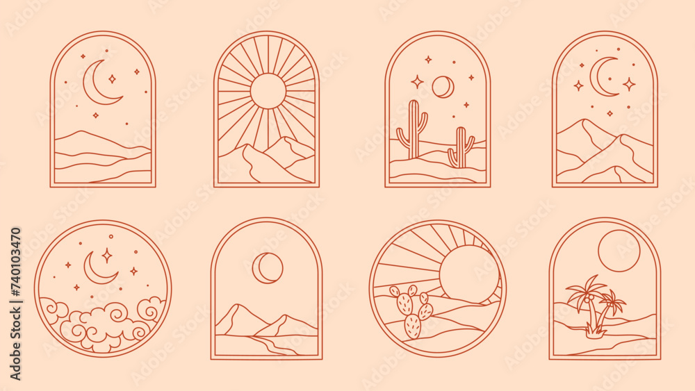 Boho desert and cactus, vintage bohemian oasis with mountain and sky landscape, vector window frames. Boho arches with thin line sun, moon and palm, summer night and clouds with stars in sky outline - obrazy, fototapety, plakaty 