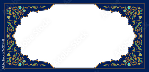 Oriental arabian frame with muslim floral motif or arab pattern ornament, vector background. Mosque prayer rug or carpet with ornate flowers ornament frame for Islam religion holiday or arabic tile photo