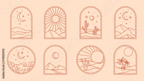 Boho desert and cactus, vintage bohemian oasis with mountain and sky landscape, vector window frames. Boho arches with thin line sun, moon and palm, summer night and clouds with stars in sky outline photo