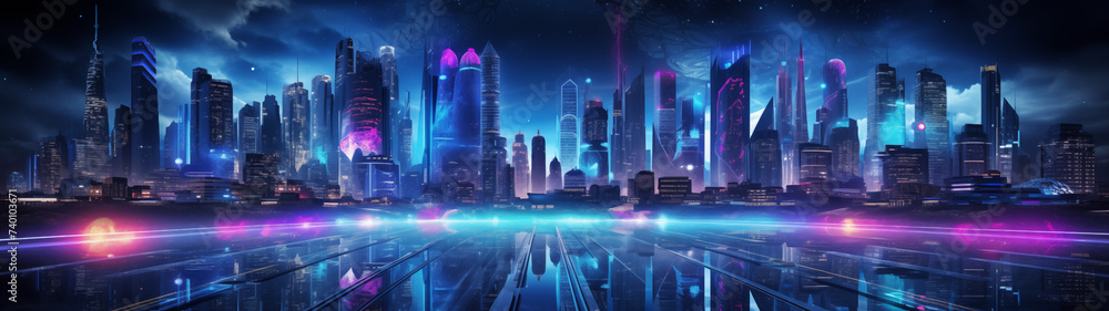 Neon-Lit Futuristic Cityscape with Reflective Surfaces