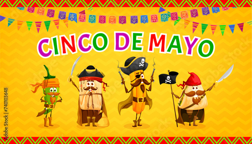 Mexican cinco de mayo holiday banner with Tex Mex cuisine pirate and corsair characters. Cinco de Mayo holiday vector flyer with jalapeno pepper, tamale and churro, quesadilla pirates cute personages