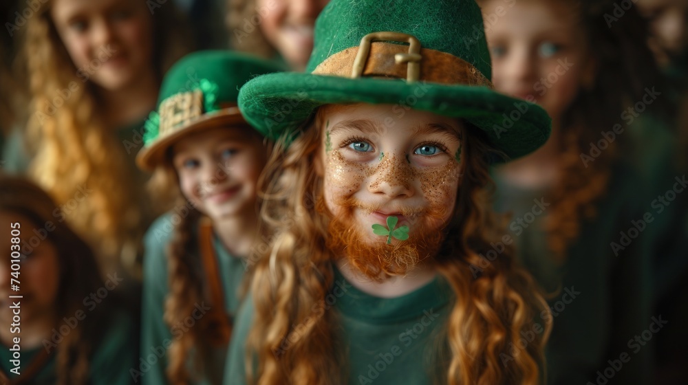 Portrait of a group of children in leprechaun costume in St. Patricks Day.