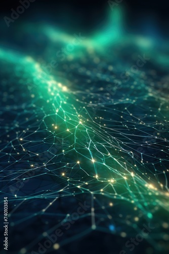 Cyber big data flow. Blockchain Green data fields. Network line connect stream