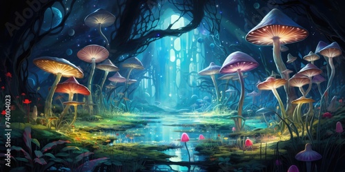Enchanted Forest With Abundant Mushrooms Generative AI