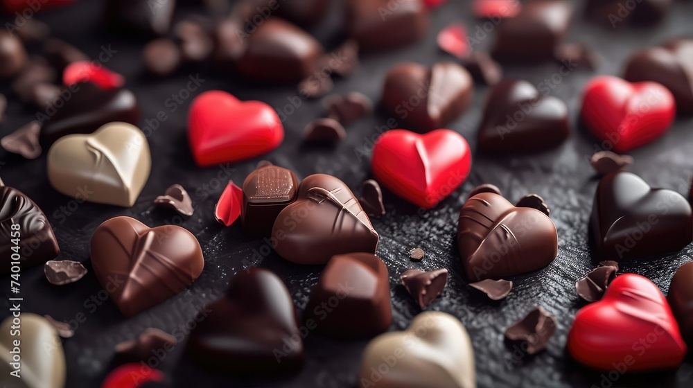 Valentine's Delight: Assorted Heart-Shaped Chocolates on Dark Slate, Embellished with Red Sprinkles Valentine's Delight: Assorted Heart-Shaped Chocolates on Dark Slate, Embellished with Red Sprinkles
