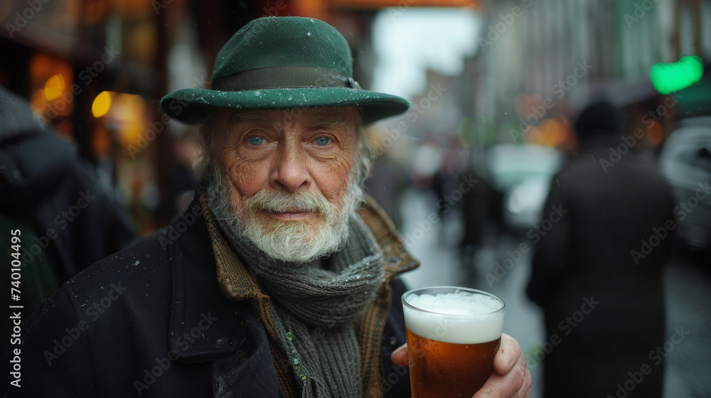 Portrait of a senior irish man with a glass of beer on the street of Ireland. Portrait of a senior irish man with a glass of beer on the street of Ireland.