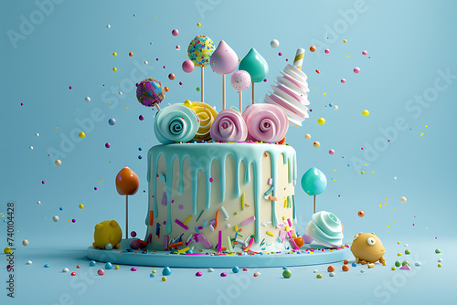 a colorful cake decorated with cake pops and other pa © sdstudio