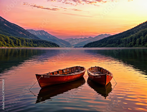 Two boats - sunset over the lake