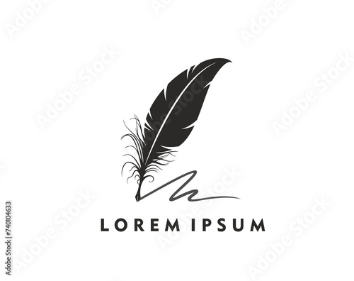 Feather pen, quill icon. Law, notary office and writer signature symbol. Isolated vector sign of author creativity. Black elegant ink plume gracefully writing. Literature, calligraphy and poetry